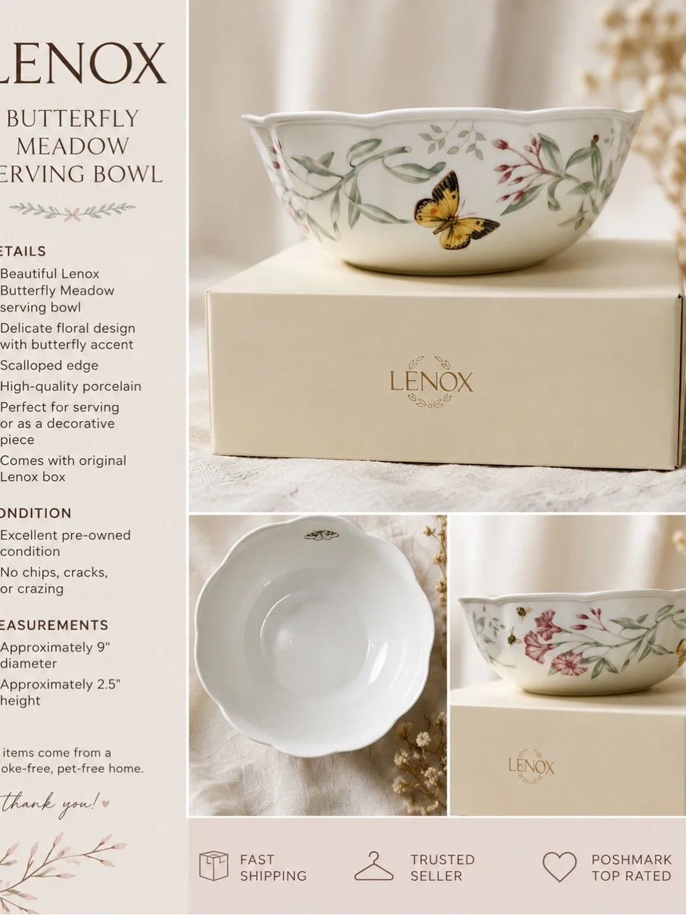 Lenox Butterfly Meadow White Porcelain Serving Bowl